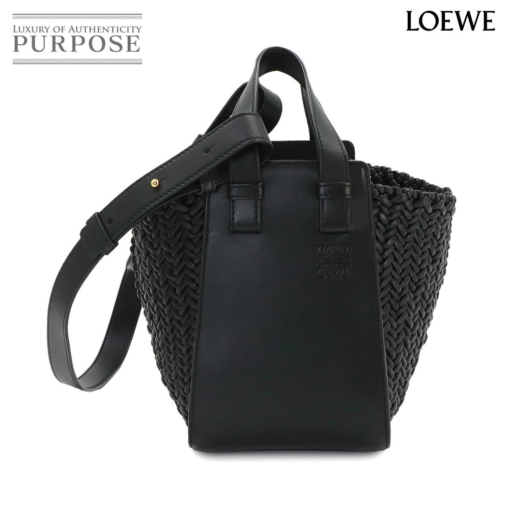 Loewe Hammock Compact Hand Leather Woven Shoulder Bag Black